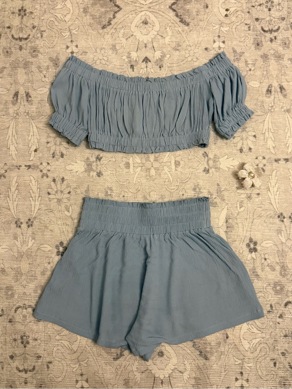 Sky Blue Smocked High-Waist Skirt Shorts Set - Women's